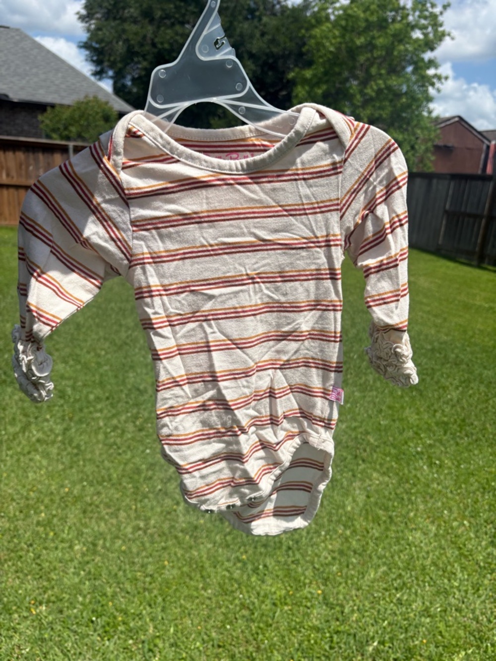 Ruffle Butts striped long sleeve bodysuit cream brown 12-18 months GUC